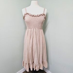 Blu Ivy Smocked Ruffle Midi Dress  Cottagecore Bohemian Milkmaid Beige Latte
